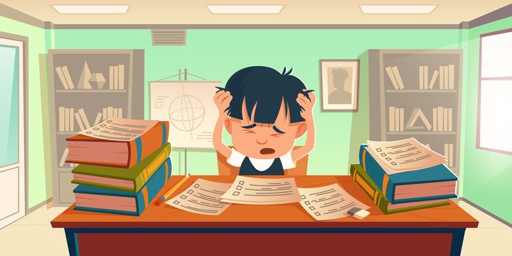 Cartoon of a stressed student sitting at a desk full of books and papers, holding their head in frustration over academic pressure.