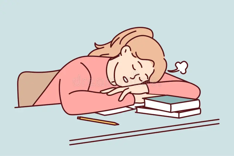 Illustration of a stressed student asleep on a desk surrounded by books and papers, showing academic pressure and exhaustion.